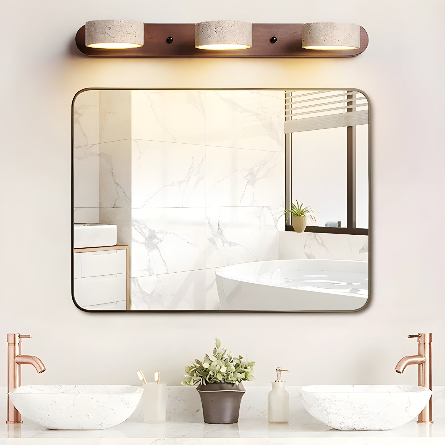 Travertine DuoGlow – Elegant Væglampe med Dobbelt Lampekonsol i Natursten til Eksklusiv Indretning