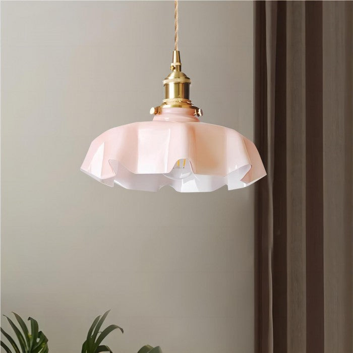 FloraRetro – Vintage lampa wisząca ze szkła z kwiatowym wzorem i kremowym detalem